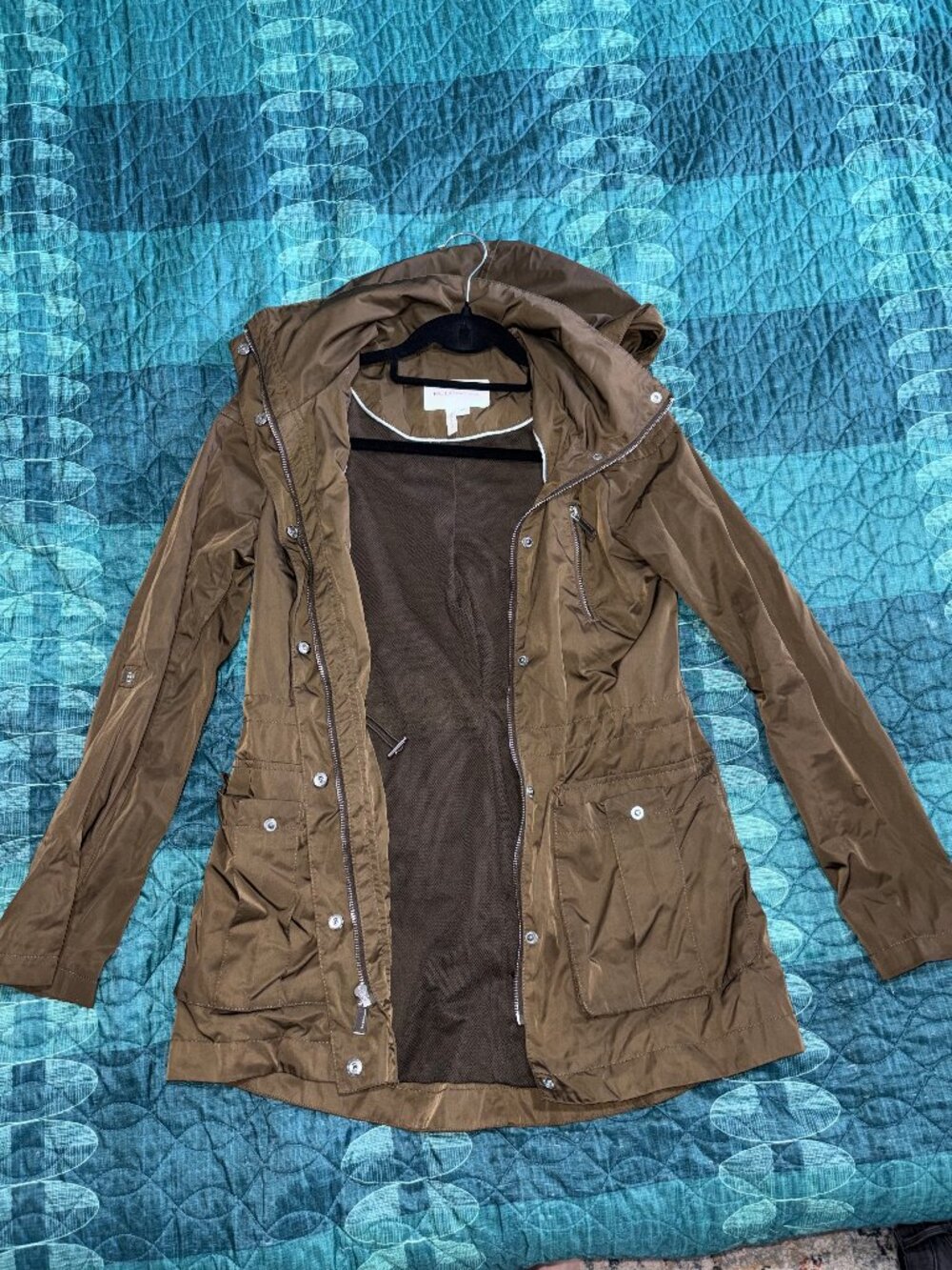 BCBGGeneration XS Brown Olive Hooded Utility Rain Jacket Lightweight Cargo Pock